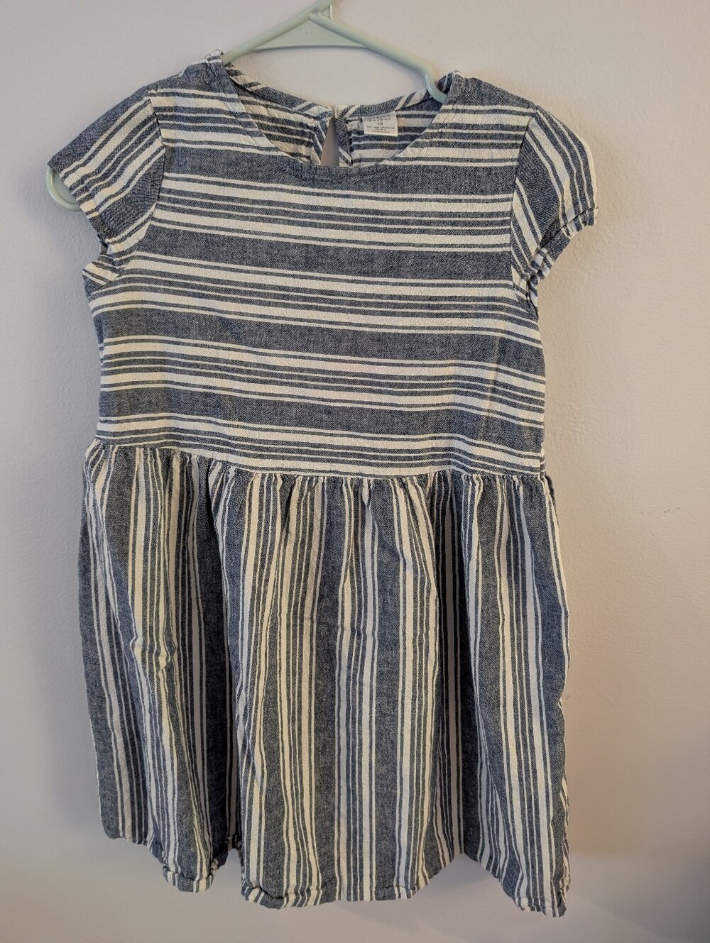 Girls' Striped Cap-Sleeve Linen Dress - Blue & White - peyton & parker Size 12